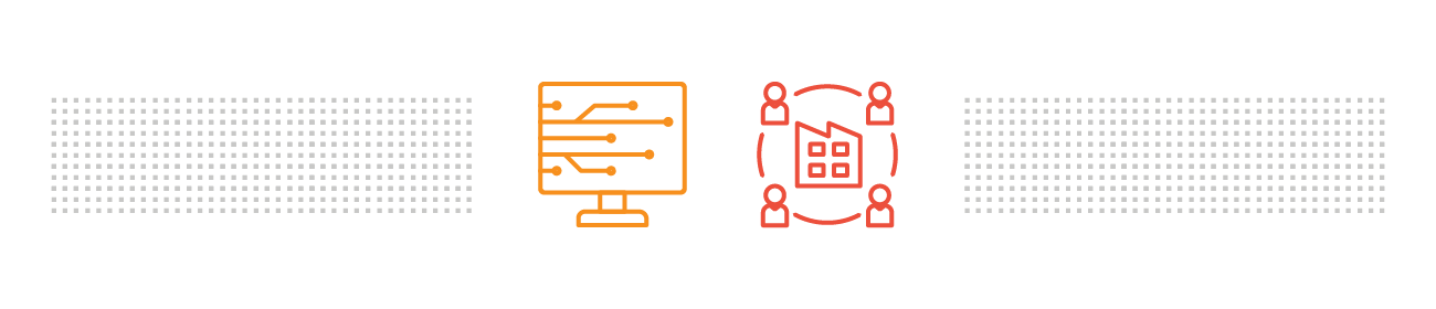 orange monitor symbol and four red people surrounding a factory symbol