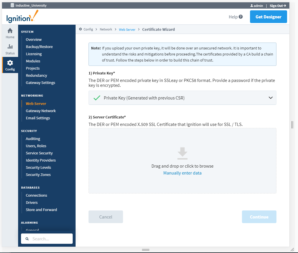 Security Certificate Web Interface in Ignition